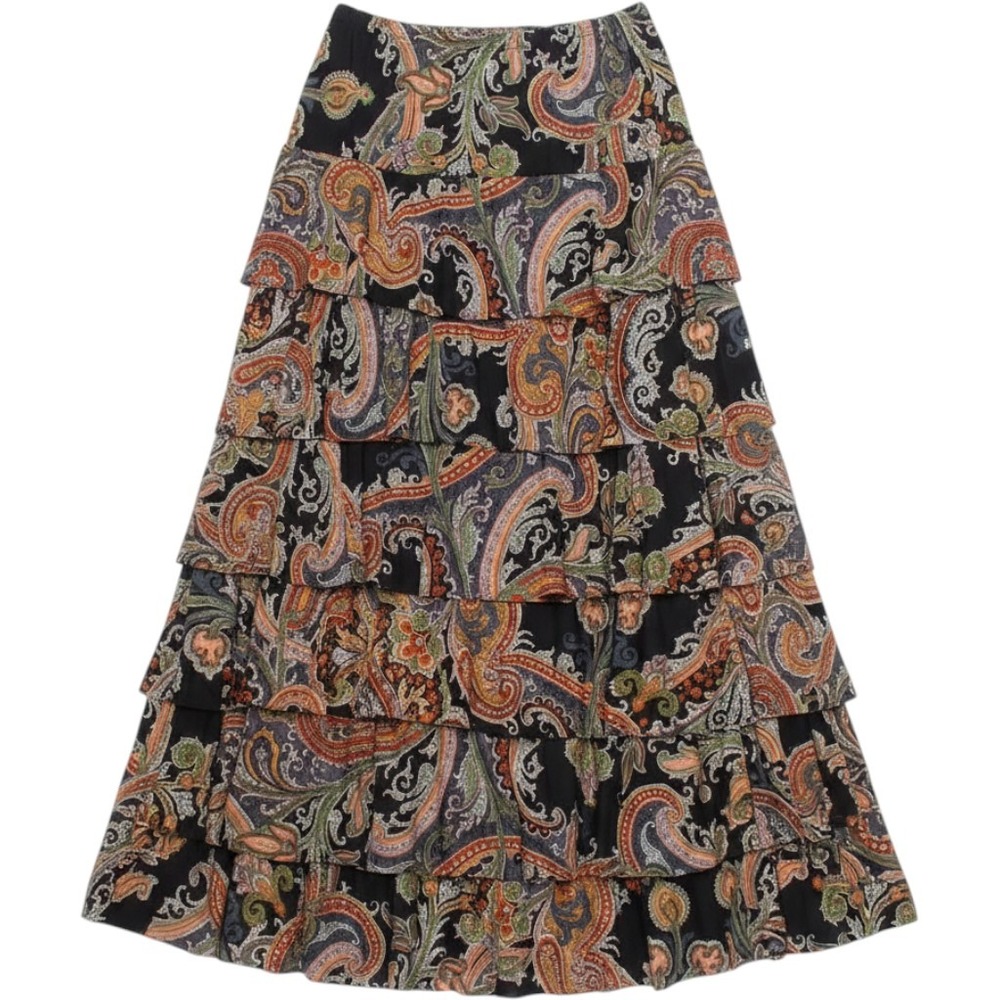 Uneere Paisley Tiered Maxi Skirt Black Orange Boho Ruffle XXXL
